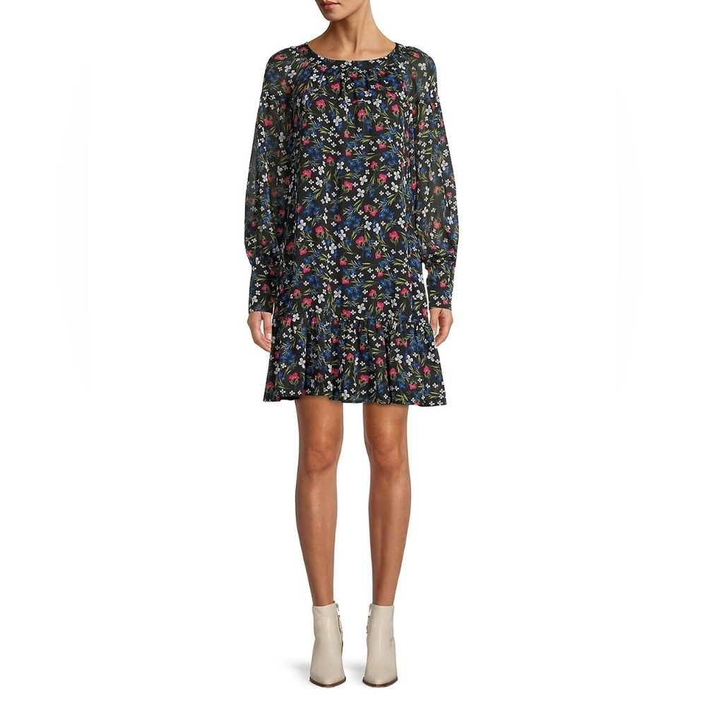 #128 Calvin Klein Floral Long Sleeve Flounce Hem Dress Size 2 NWT